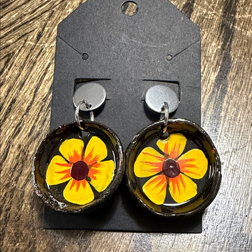 MEXICANA Yellow Floral Hand-Painted Drop Earrings